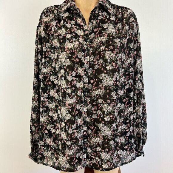 Vintage Givenchy for Fashions Couture Womens 12 Black Floral Button Down Shirt - Picture 1 of 13